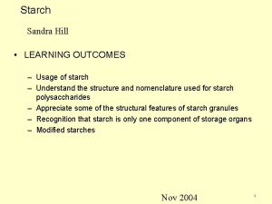 Starch Sandra Hill LEARNING OUTCOMES Usage of starch