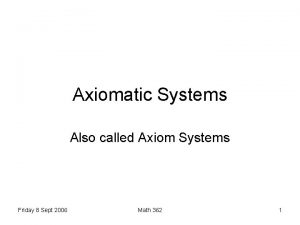 Axiomatic Systems Also called Axiom Systems Friday 8