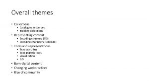 Overall themes Collections Cataloging resources Building collections Representing