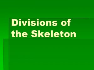 Divisions of the Skeleton Axial Skeleton Includes skull