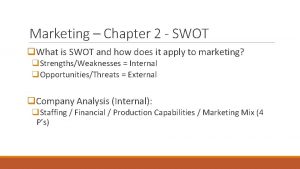 Marketing Chapter 2 SWOT q What is SWOT