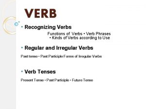 VERB Recognizing Verbs Functions of Verbs Verb Phrases