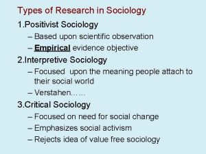 Types of Research in Sociology 1 Positivist Sociology