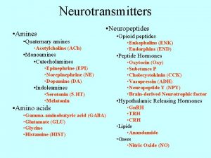 Neurotransmitters Neuropeptides Amines Quaternary amines Acetylcholine ACh Monoamines