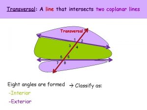 Transversal A line that intersects two coplanar lines