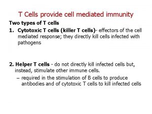 T Cells provide cell mediated immunity Two types