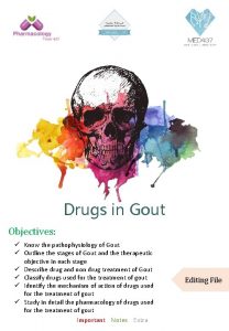 Drugs in Gout Objectives Know the pathophysiology of