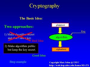 Cryptography The Basic Idea Two approaches plaintext Key