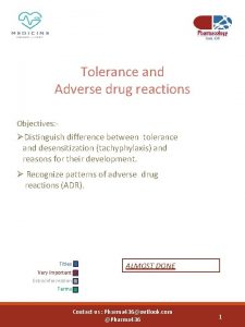 Tolerance and Adverse drug reactions Objectives Distinguish difference