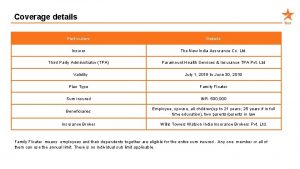 Coverage details Particulars Details Insurer The New India