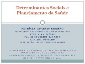 Determinantes Sociais e Planejamento da Sade PATRCIA TAVARES