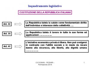 Inquadramento legislativo COSTITUZIONE DELLA REPUBBLICA ITALIANA Art 32