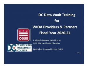 DC Data Vault Training for WIOA Providers Partners