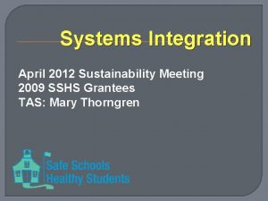 Systems Integration April 2012 Sustainability Meeting 2009 SSHS