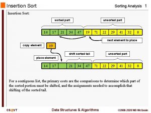 Insertion Sorting Analysis 1 Insertion Sort sorted part