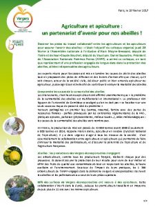 Paris le 28 fvrier 2017 Agriculture et apiculture