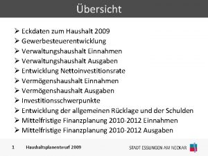 bersicht Eckdaten zum Haushalt 2009 Gewerbesteuerentwicklung Verwaltungshaushalt Einnahmen