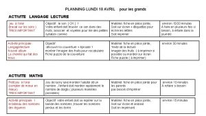 PLANNING LUNDI 18 AVRIL pour les grands ACTIVITE