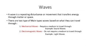Waves A wave is a repeating disturbance or