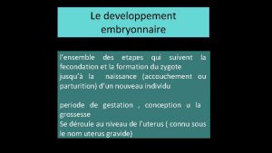 Le developpement embryonnaire lensemble des etapes qui suivent