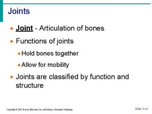 Joints Joint Articulation of bones Functions of joints