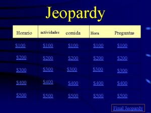 Jeopardy Horario actividades comida Hora Preguntas 100 100