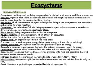 Ecosystems Important Definitions Ecosystem the living and nonliving