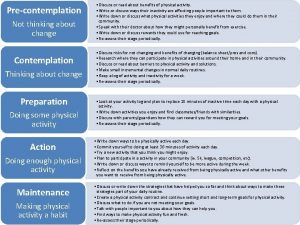 Precontemplation Not thinking about change Contemplation Thinking about