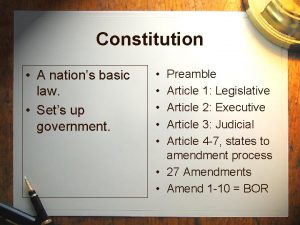 Constitution A nations basic law Sets up government