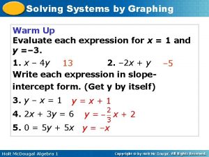 Solving Systems by Graphing Warm Up Evaluate each