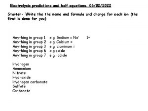 Electrolysis predictions and half equations 06022022 Starter Write