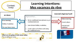 Learning Intentions Mes vacances de rve Context Holidays