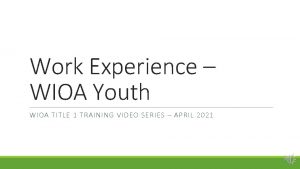 Work Experience WIOA Youth WIOA TITLE 1 TRAINING