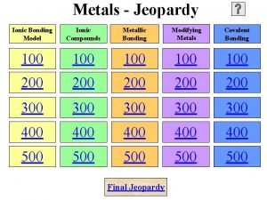 Metals Jeopardy Ionic Bonding Model Ionic Compounds Metallic