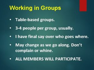 Working in Groups Tablebased groups 3 4 people