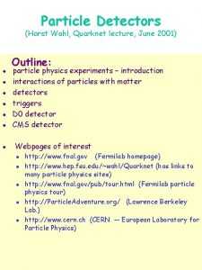Particle Detectors Horst Wahl Quarknet lecture June 2001