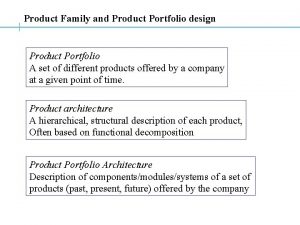 Product Family and Product Portfolio design Product Portfolio
