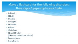Make a flashcard for the following disorders Then