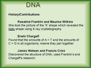 DNA HistoryContributions Rosalind Franklin and Maurice Wilkins She