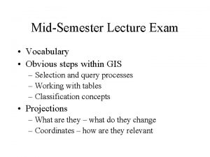 MidSemester Lecture Exam Vocabulary Obvious steps within GIS