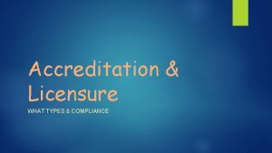 Accreditation Licensure WHAT TYPES COMPLIANCE Surveys Accreditation Currently