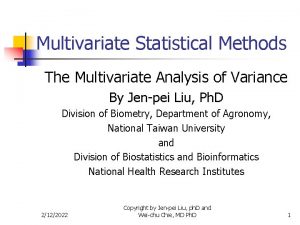 Multivariate Statistical Methods The Multivariate Analysis of Variance