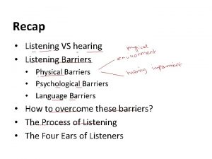 Recap Listening VS hearing Listening Barriers Physical Barriers