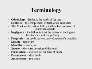 Terminology Odontology dentistry the study of the teeth