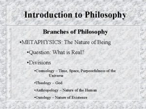 Introduction to Philosophy Branches of Philosophy METAPHYSICS The