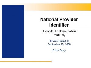 National Provider Identifier Hospital Implementation Planning HIPAA Summit