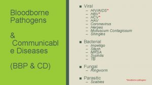 Bloodborne Pathogens Viral HIVAIDS HBV HCV HAV Coronavirus