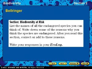 Biodiversity Bellringer Section 2 Biodiversity Section 2 Objectives