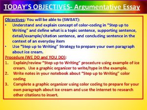 TODAYS OBJECTIVES Argumentative Essay Objectives You will be