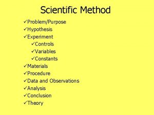 Scientific Method ProblemPurpose Hypothesis Experiment Controls Variables Constants